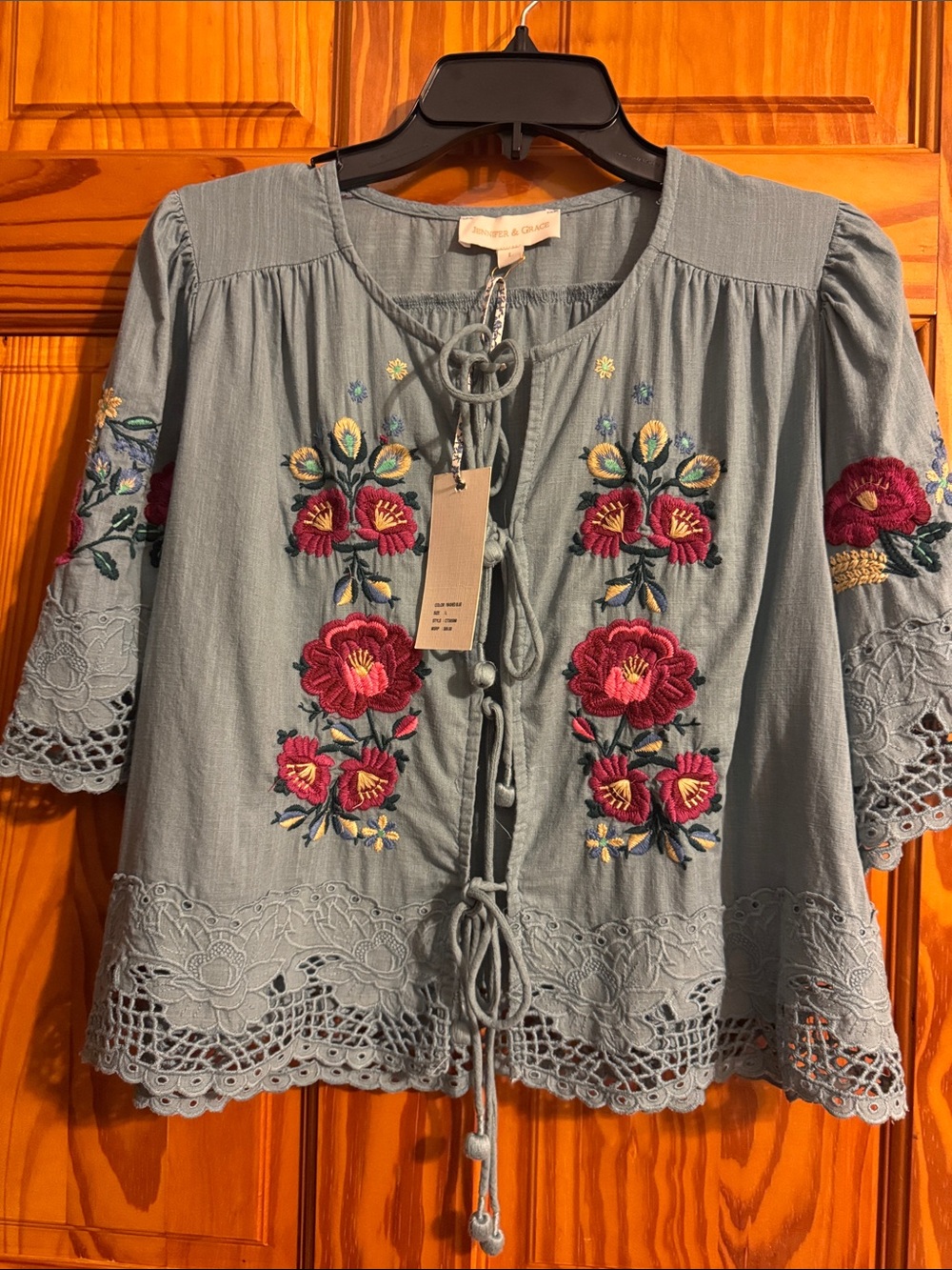 Embroidered Dusty Blue Tie-Front Blouse with Crochet Hem